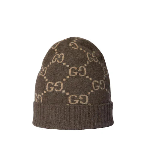 Bonnet Et Écharpe en jacquard de cachemire GG en Marron